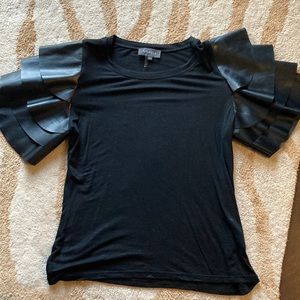 Womens Size L Bloomingdale’s Top with faux leather sleeves